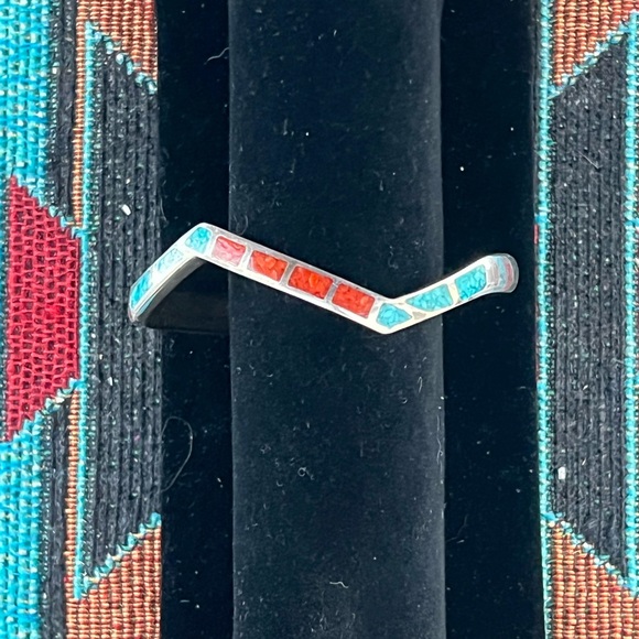 Vintage Sterling Silver Turquoise and Coral Inlay Bracelet - Picture 8 of 9